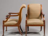 pair of antique chairs with upholstered arms and arms