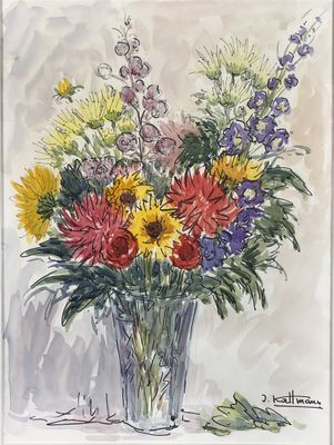 une aquarelle représentant un vase de fleurs posé sur une table