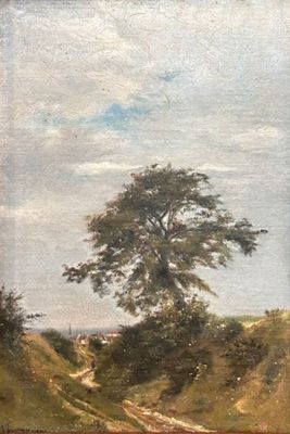 an oil painting of a tree in a field with a dirt road in the foreground