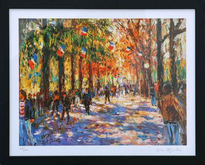 une peinture à l'huile représentant des personnes se promenant dans un parc en automne