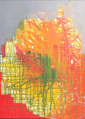 une peinture représentant une fleur jaune sur un fond rouge et jaune
