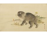 chinese painting of a cat walking in the grass with a flower in its mouth