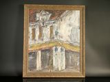 an oil painting of a building on a black surface