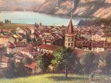 a painting of a town with a lake in the background