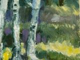 an oil painting of a group of birch trees in a forest