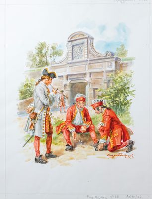 an image of a painting of a man in a red coat and two men in red uniforms