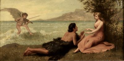 une image représentant un tableau où l'on voit deux femmes assises sur une plage