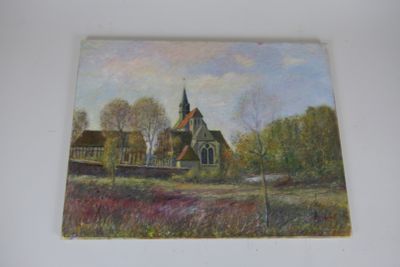 an oil painting of a church in a field with a sky background