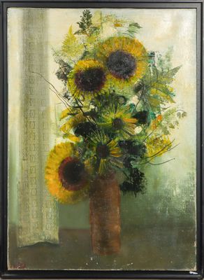 painting of sunflowers in a vase on a table in front of a window