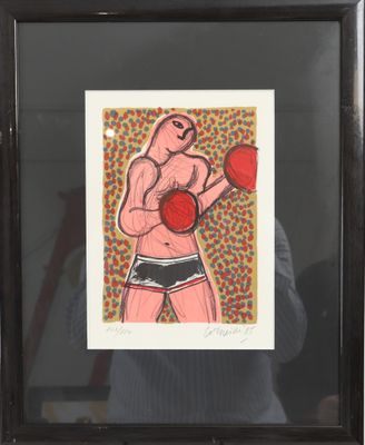 painting of a man with boxing gloves in a black frame