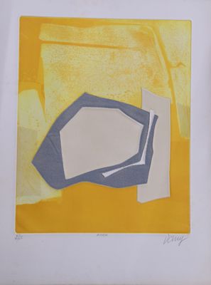 peinture abstraite jaune et grise, avec un cadre blanc et un objet en noir et blanc