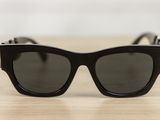 a close up of a pair of black sunglasses on a table