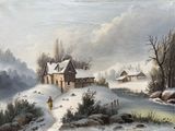 a painting of a winter scene with a house and a cow