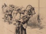 dessin représentant une femme portant un enfant sur le dos, tandis qu'un cheval tire une charrette derrière elle