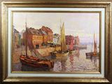 a painting of a harbor scene with boats on the water