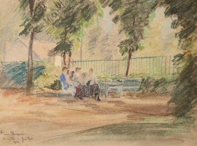 a drawing of a group of people sitting on a bench in a park