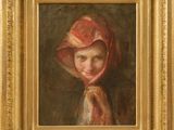 an oil painting of a woman wearing a red hat and scarf