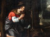 an image of a painting of a man kneeling in a forest