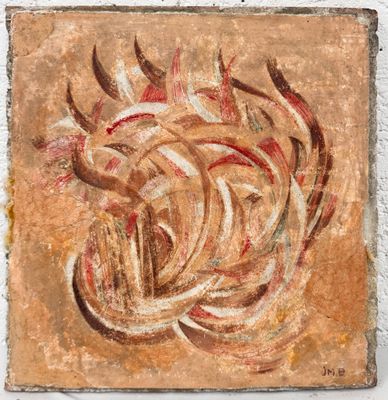 une peinture abstraite représentant une fleur sur un morceau de bois