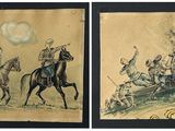 deux tableaux représentant des hommes à cheval et un canon sur une colline