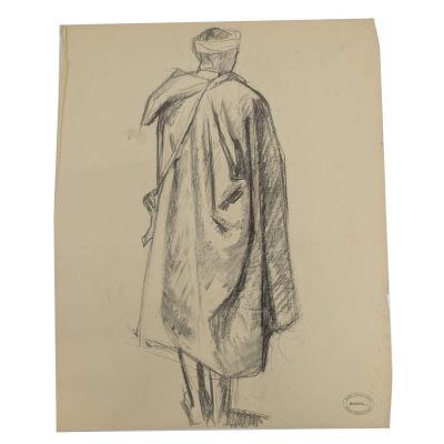 un dessin représentant un homme vêtu d'un manteau et d'un chapeau