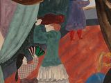 a painting on the wall of a room with a woman holding a fan
