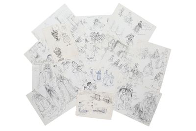 une pile de dessins représentant des personnes et des animaux sur une surface blanche