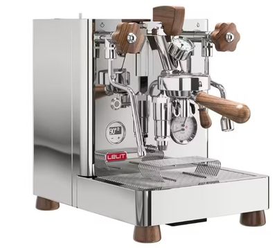 an image of a silver coffee machine with two wooden handles