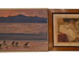 two framed pictures of birds on a beach with a mountain in the background