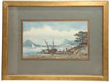 framed picture of a painting of a boat on a body of water with a mountain in the background