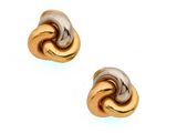 Boucles d'oreilles en forme de nœud bicolores, or et argent, sur fond blanc