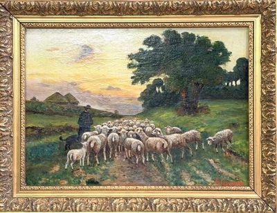 painting of a man herding a flock of sheep in a field