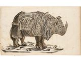 un vieux dessin représentant un rhinocéros debout au milieu d'un champ