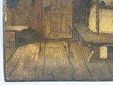 a painting of a room with a bed and a table