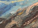 une peinture à l'huile représentant une personne sur une planche de surf dans l'océan
