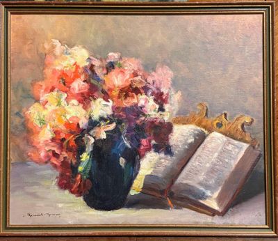 un tableau représentant un vase de fleurs et un livre posés sur une table