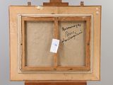 an old wooden easel with a piece of paper on top of it