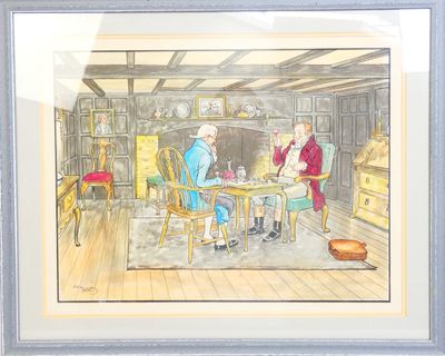 tableau représentant deux hommes assis à une table, avec un chien en arrière-plan