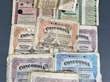 several old currency notes are stacked on top of each other