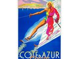 affiche représentant une femme en maillot de bain rose qui dévale une montagne à skis