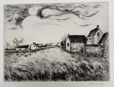 a black and white drawing of a farm with a house in the distance