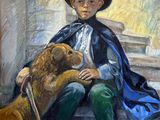 tableau représentant un jeune garçon assis sur une marche avec un chien