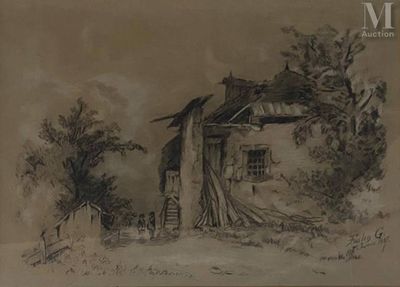 un vieux dessin représentant une maison avec un arbre devant