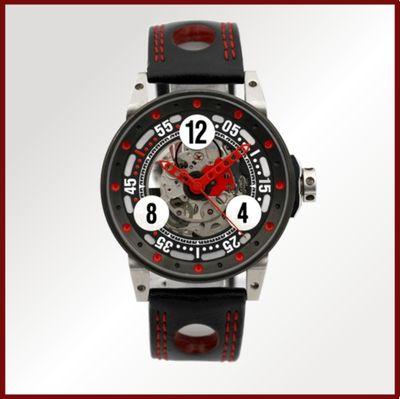montre pour homme avec bracelet en cuir noir et détails rouges