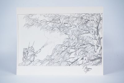 a drawing of a man on a swing in the woods