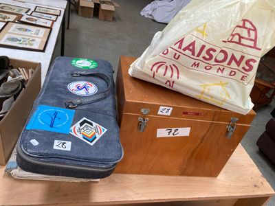 two suitcases and a bag sitting on top of a table