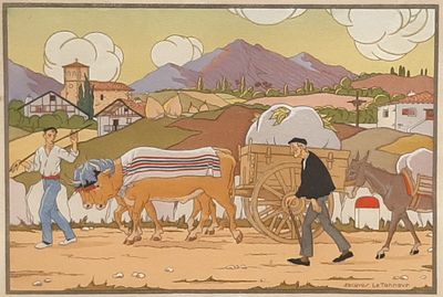 a picture of a painting of a man walking with a wagon