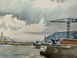 a watercolor painting of a boat in the water