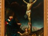 a painting of jesus on the cross with a woman kneeling next to him