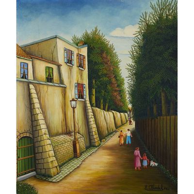 an oil painting of two children walking down a street with a dog